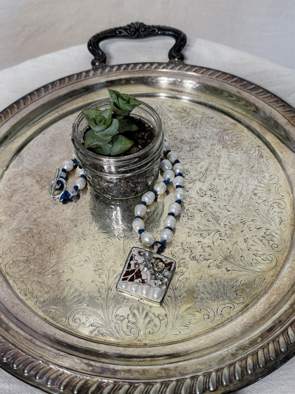 Freshwater Pearl and Reclaimed Pendant Necklace