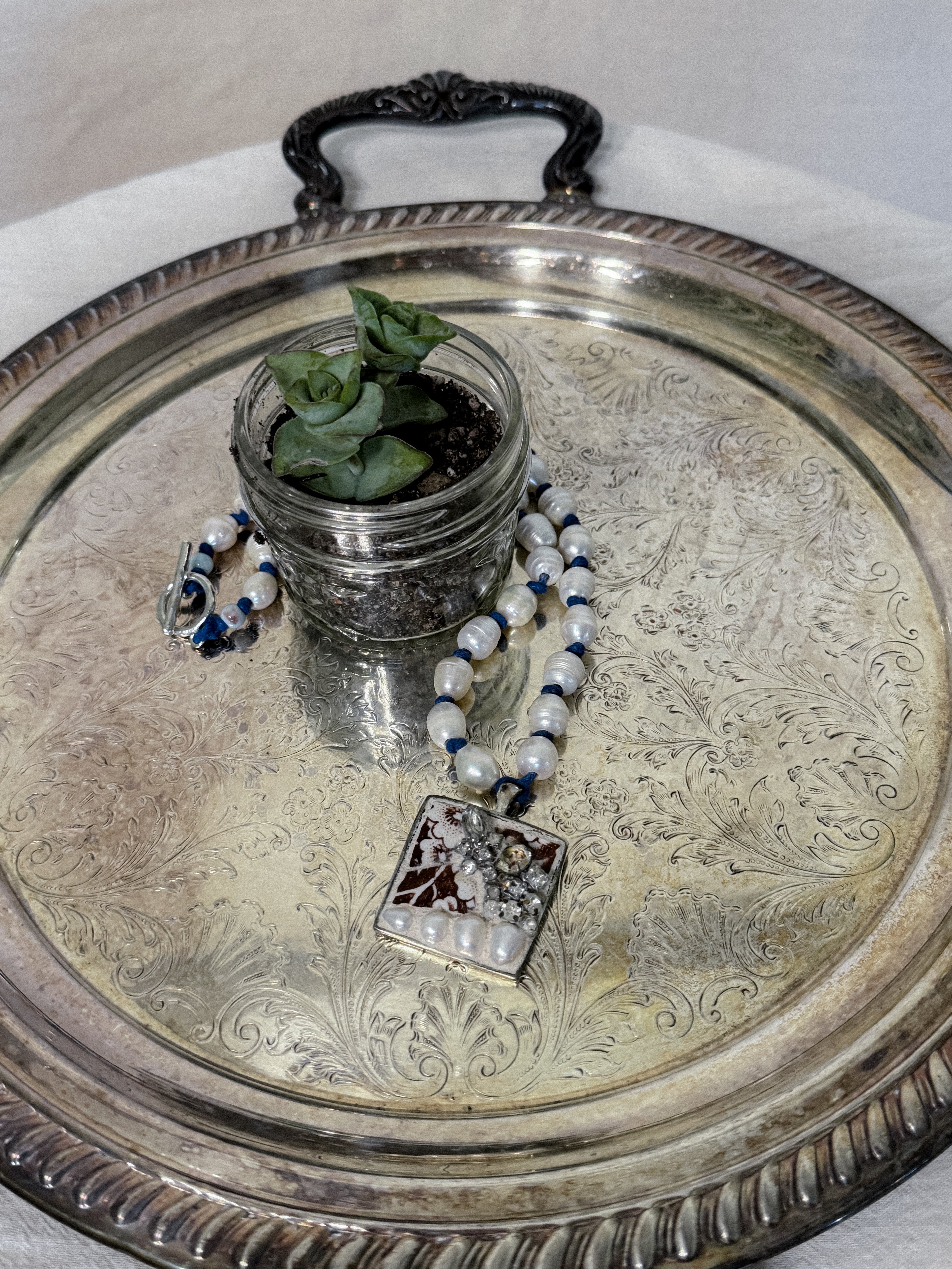 Freshwater Pearl and Reclaimed Pendant Necklace