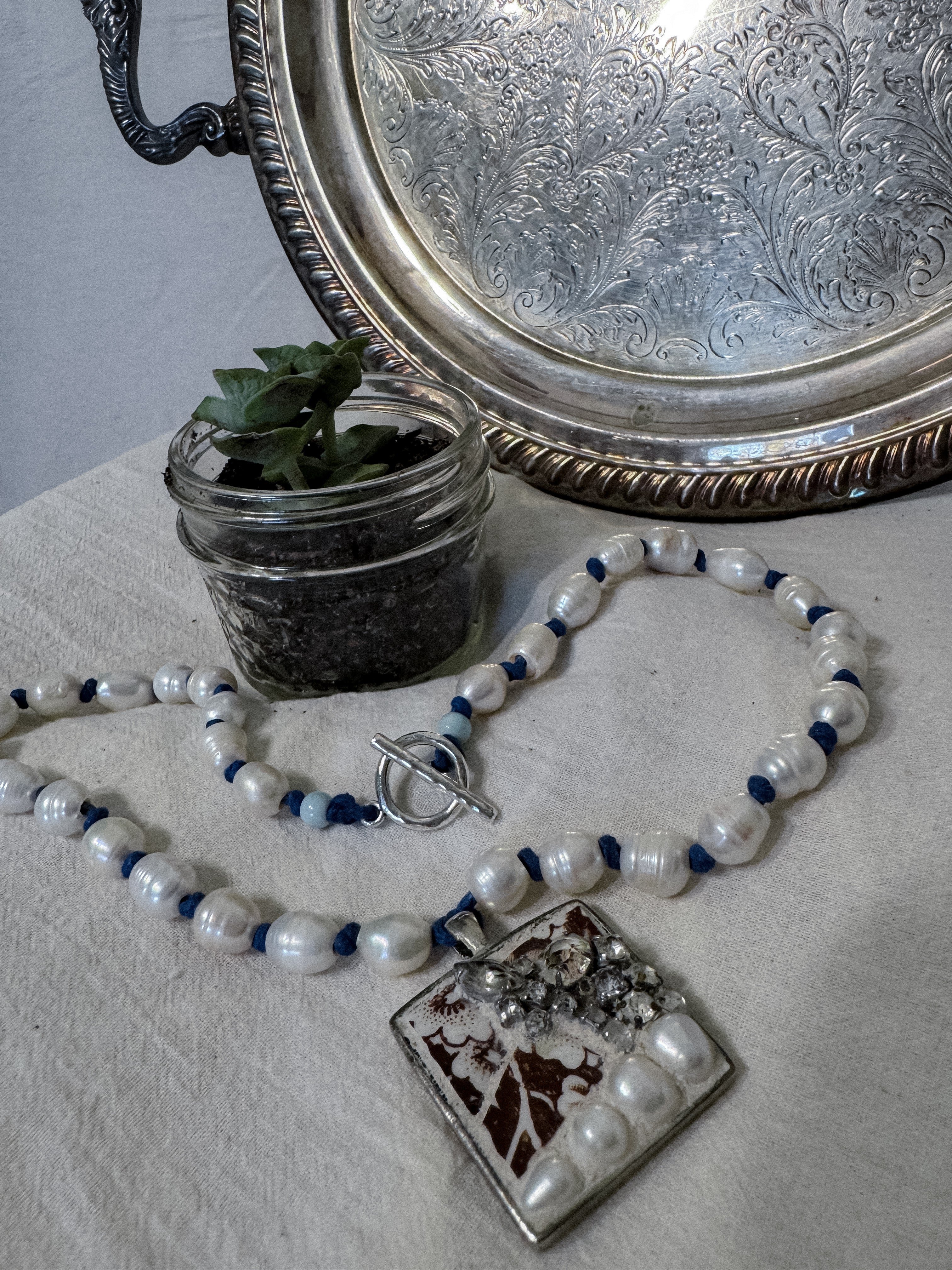 Freshwater Pearl and Reclaimed Pendant Necklace