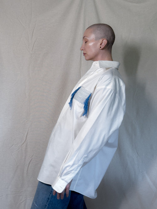 Upcycled White Button Up with Hand Embroidered Pocket