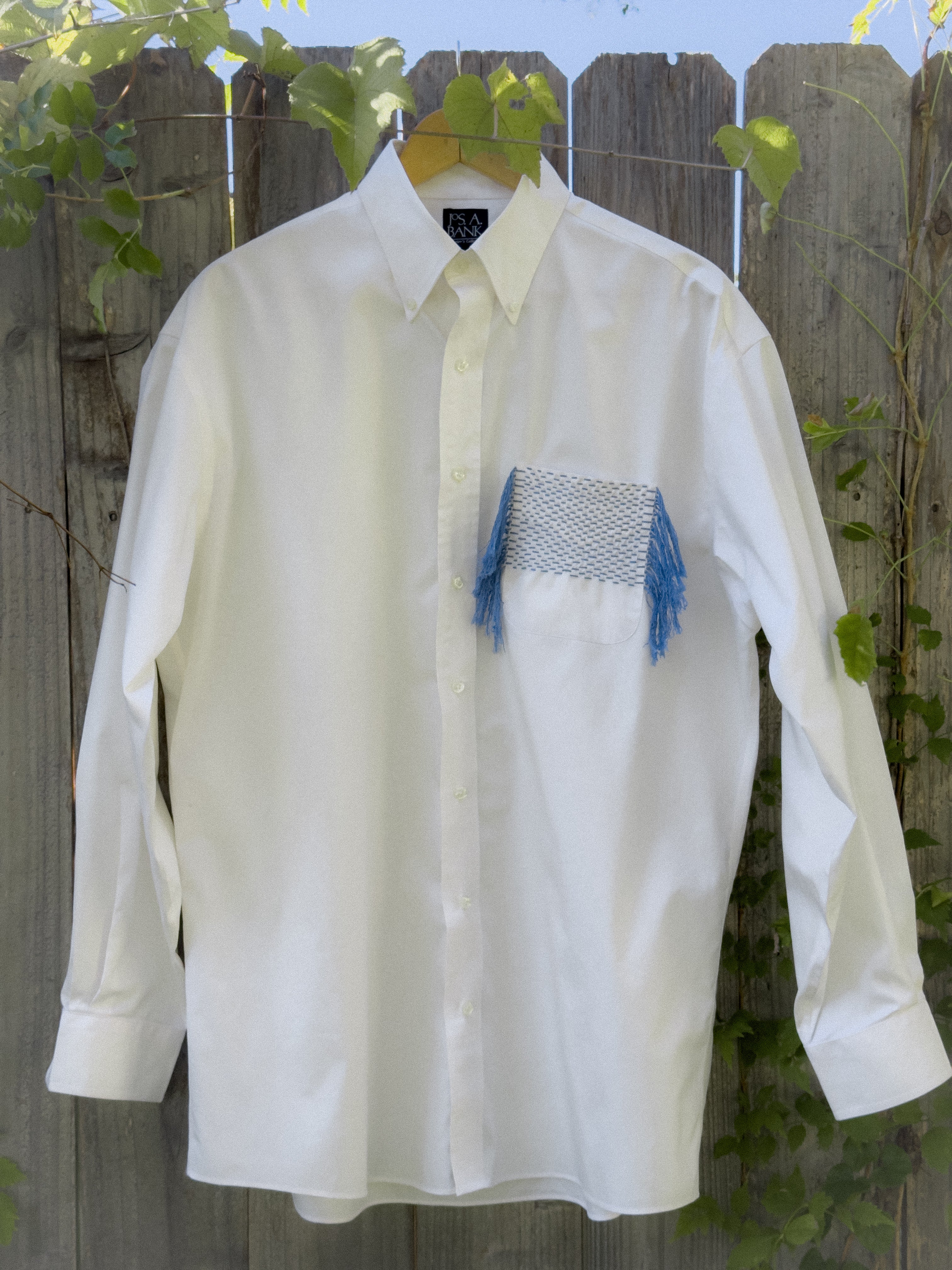 Upcycled White Button Up with Hand Embroidered Pocket