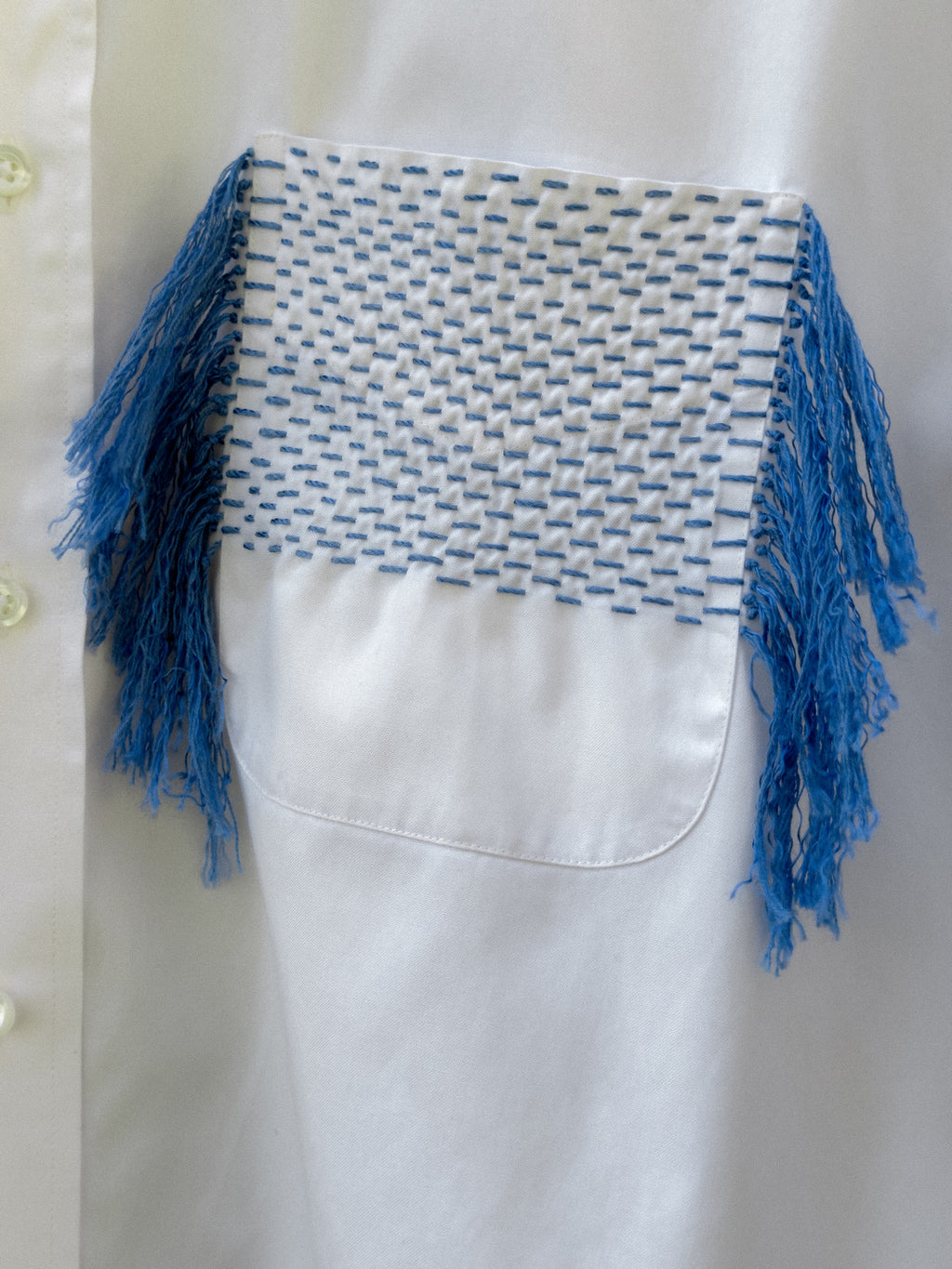 Upcycled White Button Up with Hand Embroidered Pocket