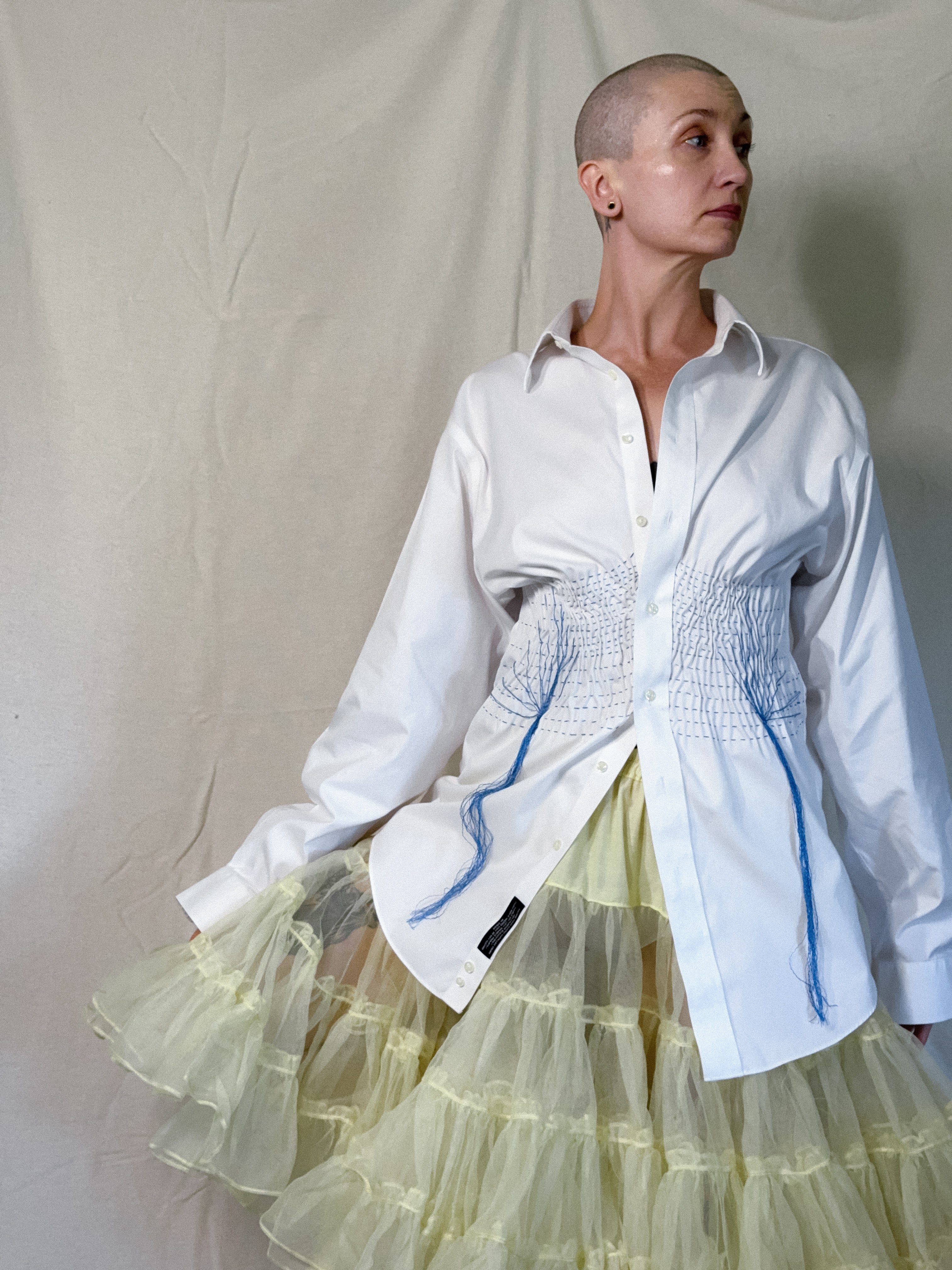 Hand Smocked White Button Up with Blue Threadwork