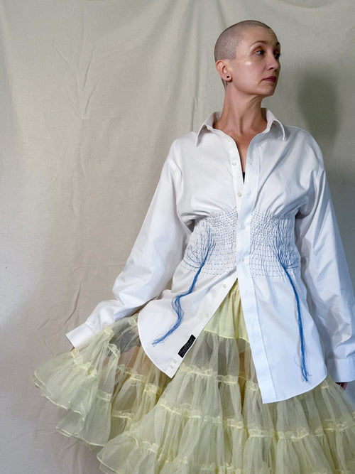 Hand Smocked White Button Up with Blue Threadwork