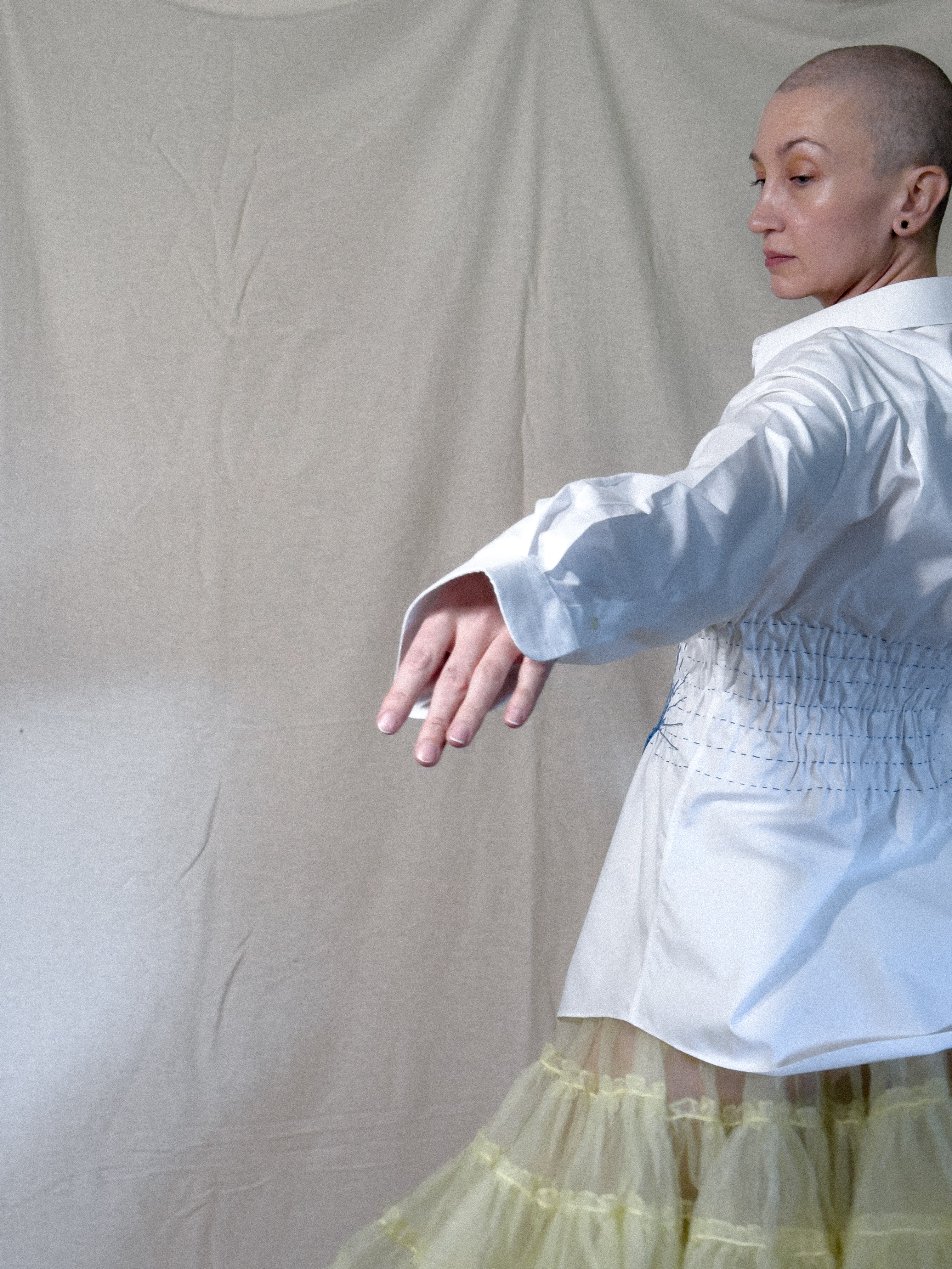 Hand Smocked White Button Up with Blue Threadwork