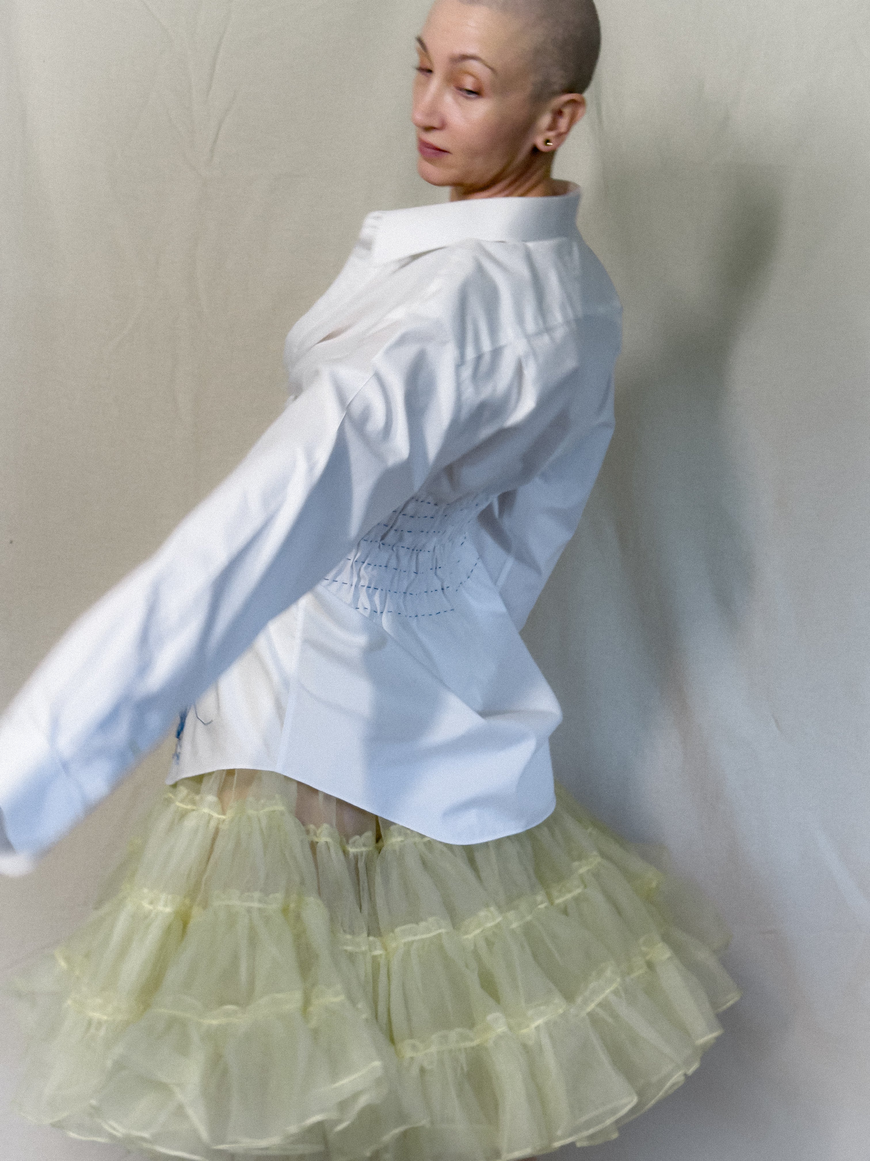 Hand Smocked White Button Up with Blue Threadwork