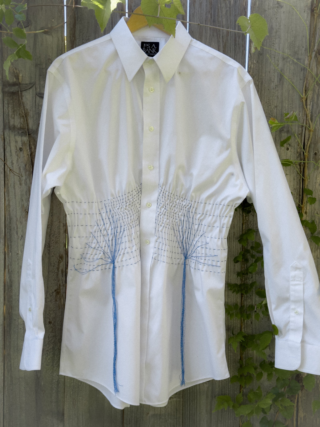 Hand Smocked White Button Up with Blue Threadwork