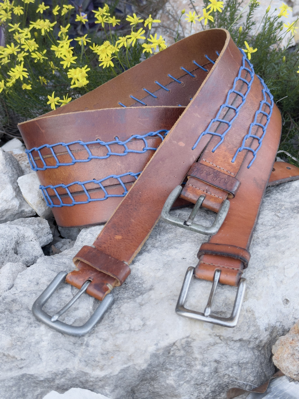 Hand Embroidered Upcycled Leather Belt in Blue