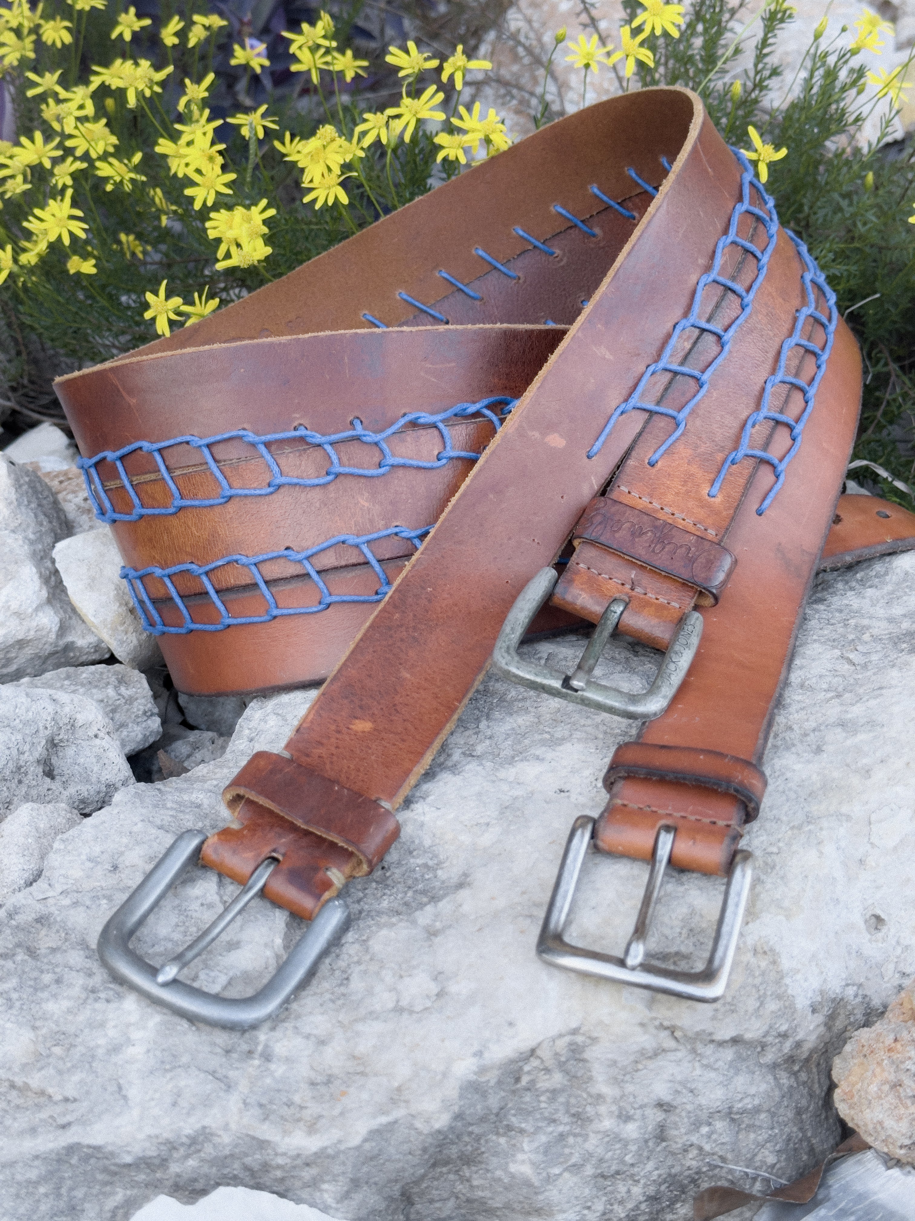 Hand Embroidered Upcycled Leather Belt in Blue