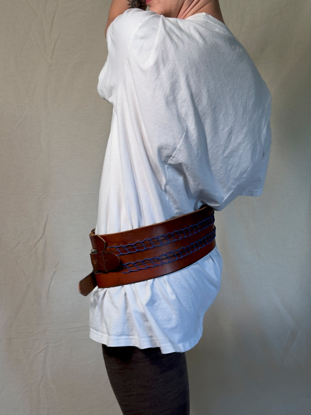 Hand Embroidered Upcycled Leather Belt in Blue