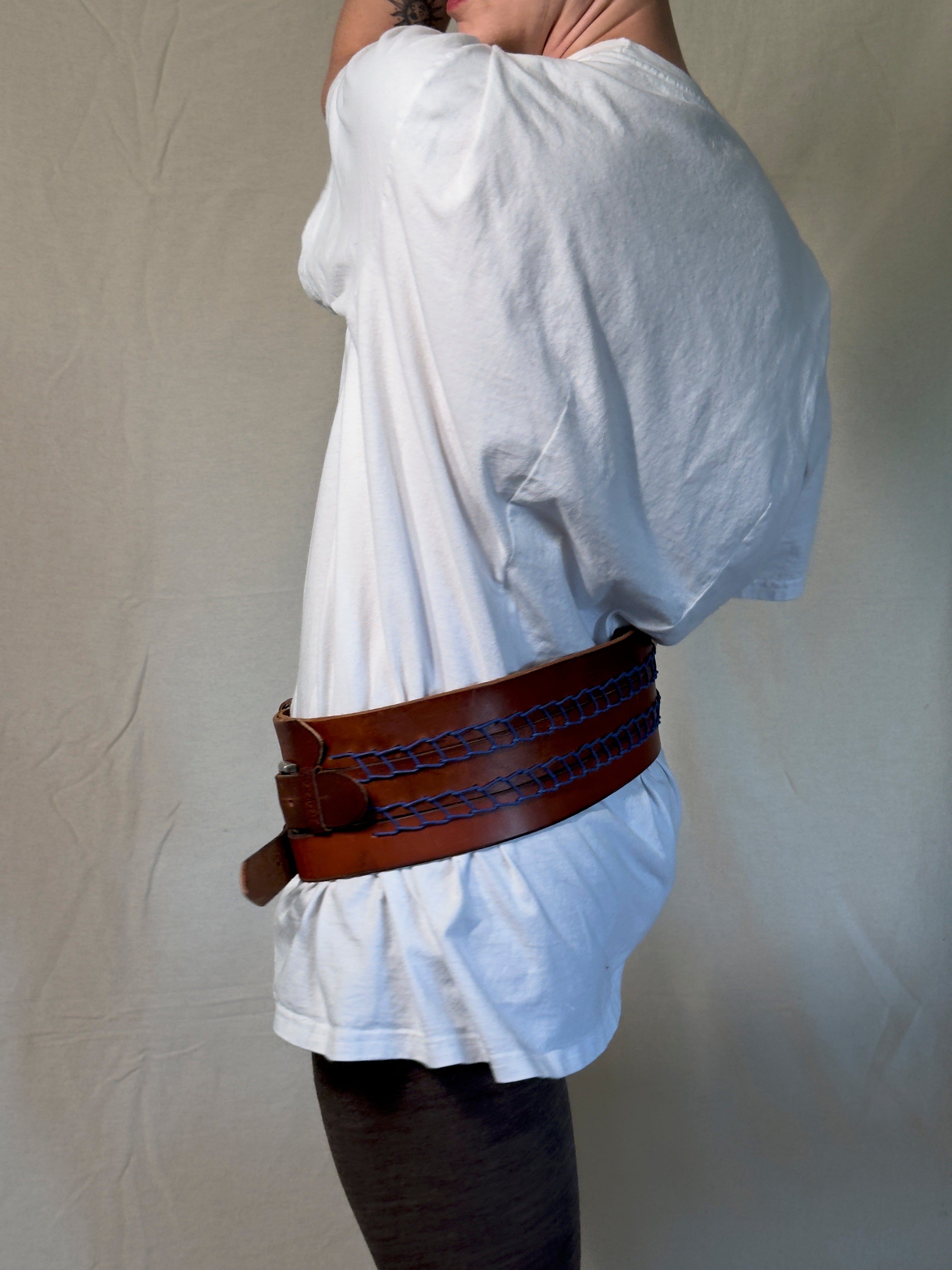 Hand Embroidered Upcycled Leather Belt in Blue