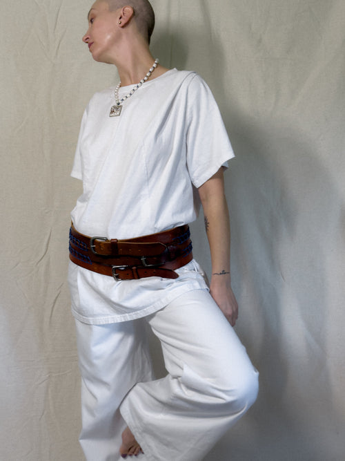 Hand Embroidered Upcycled Leather Belt in Blue