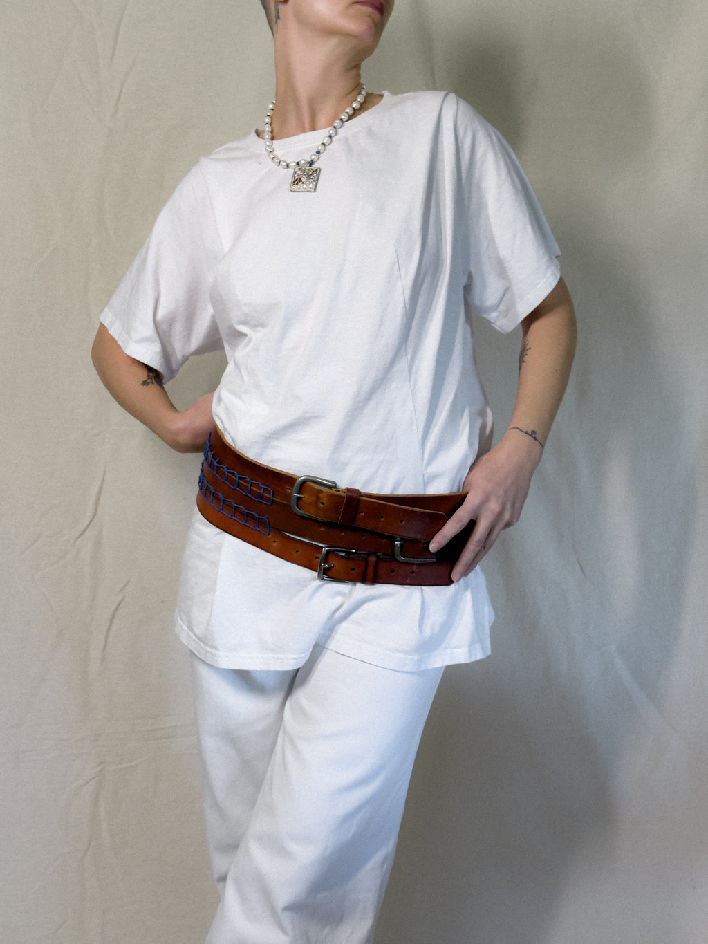 Hand Embroidered Upcycled Leather Belt in Blue