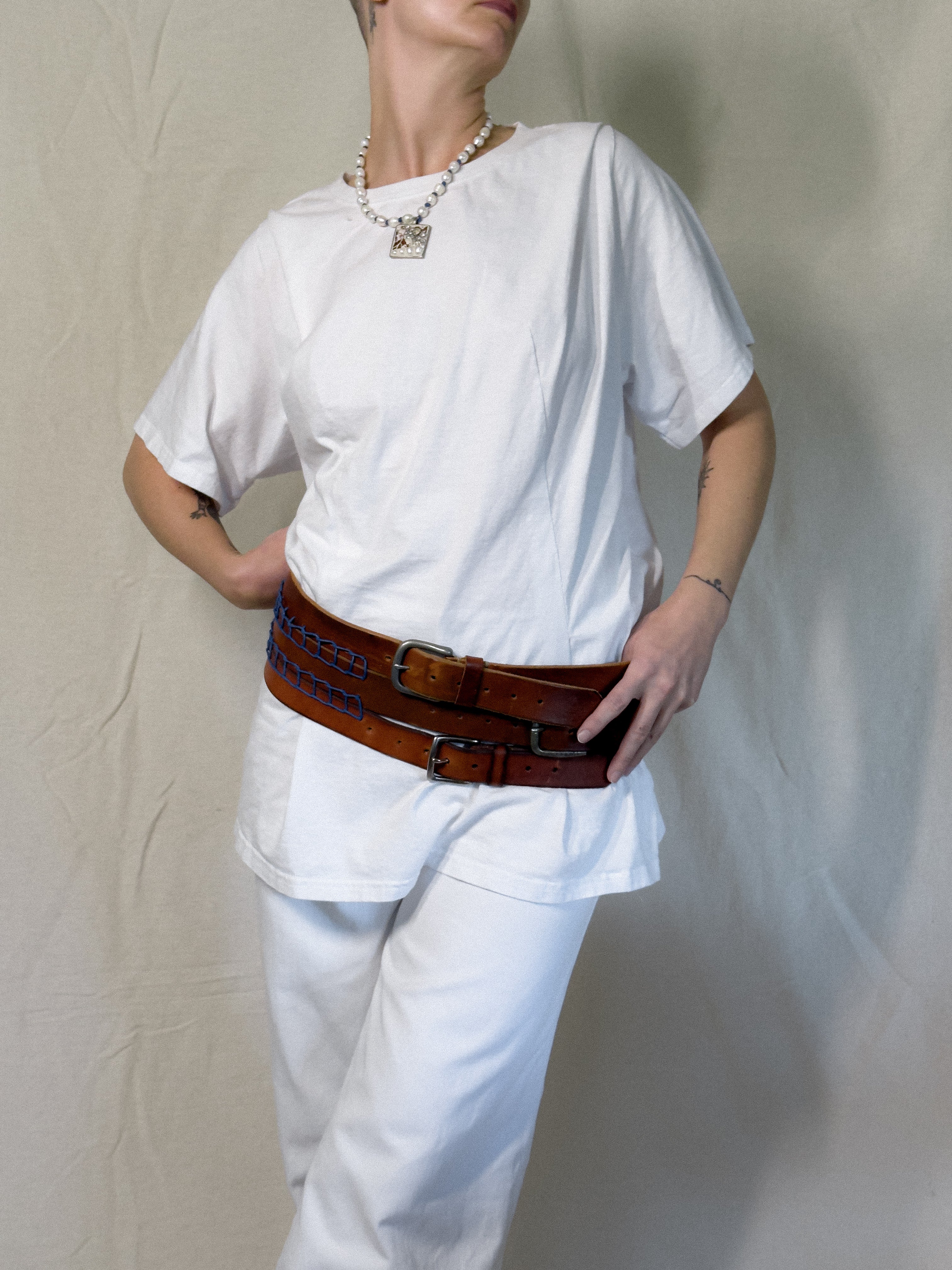 Hand Embroidered Upcycled Leather Belt in Blue